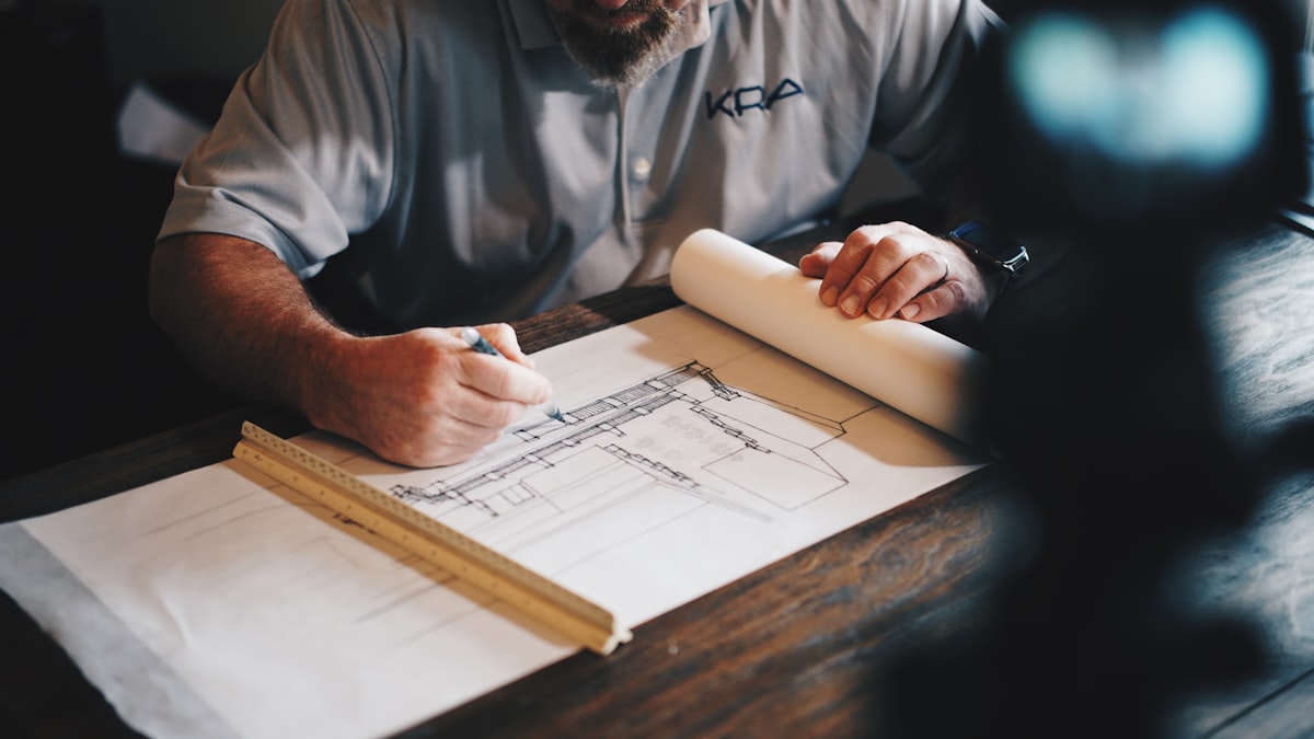 A building inspector reviewing architectural drawings and marking up a site plan with a pencil and ruler