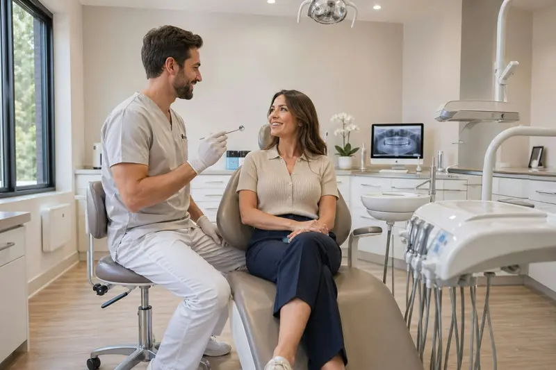 Dentist chatting with a relaxed patient before a checkup