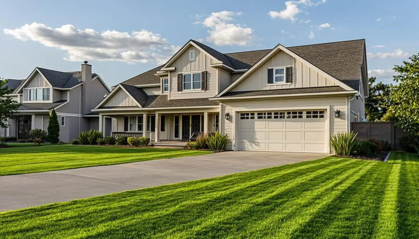 A thick, evenly green front lawn on a fertilization program