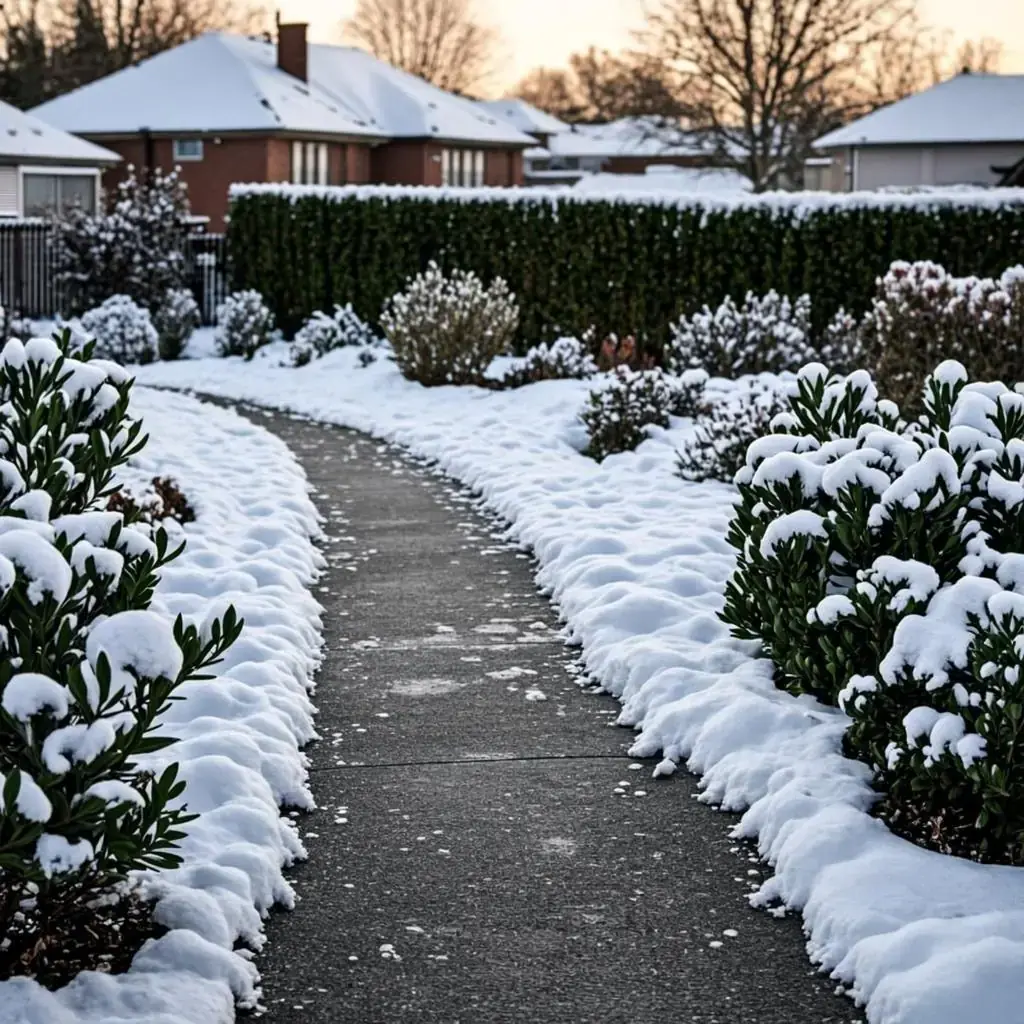A cleared residential driveway and walkway after snowfall