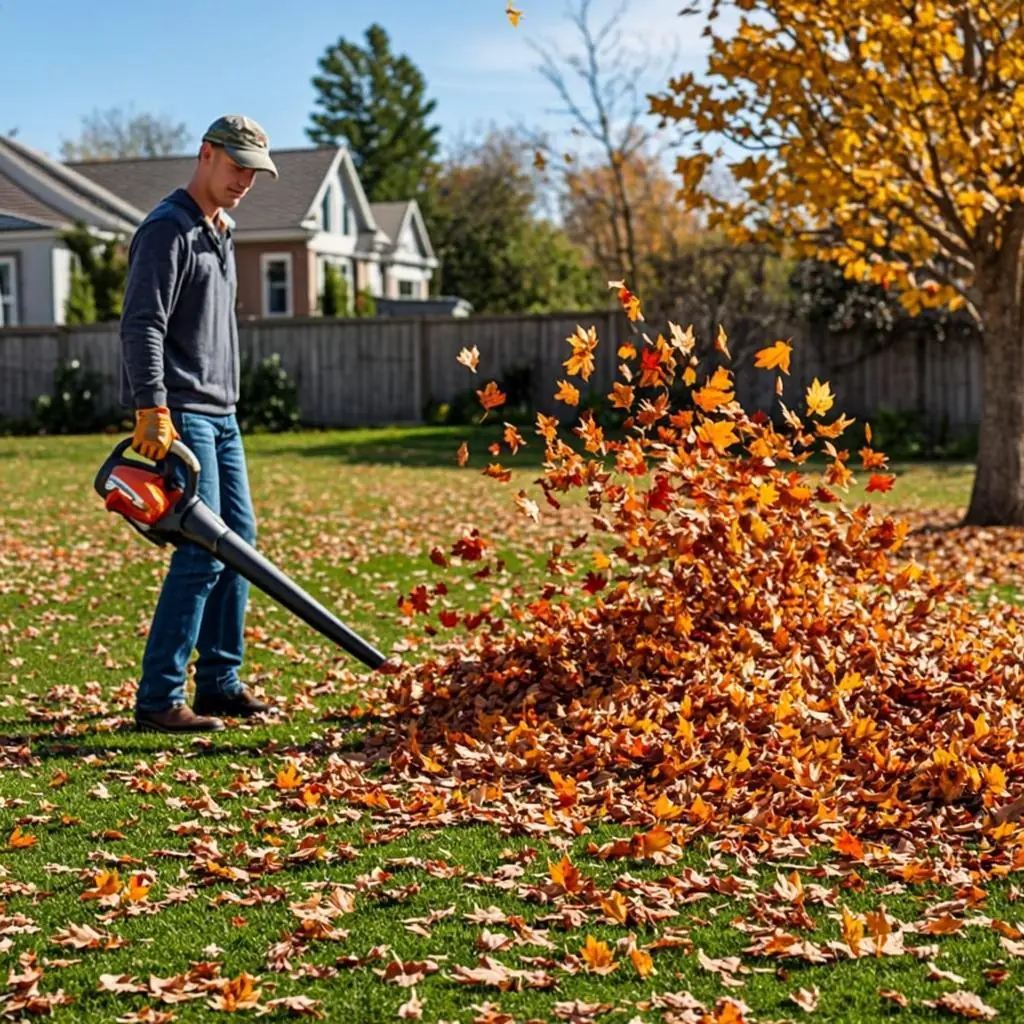 Fall leaf removal and cleanup on a residential property