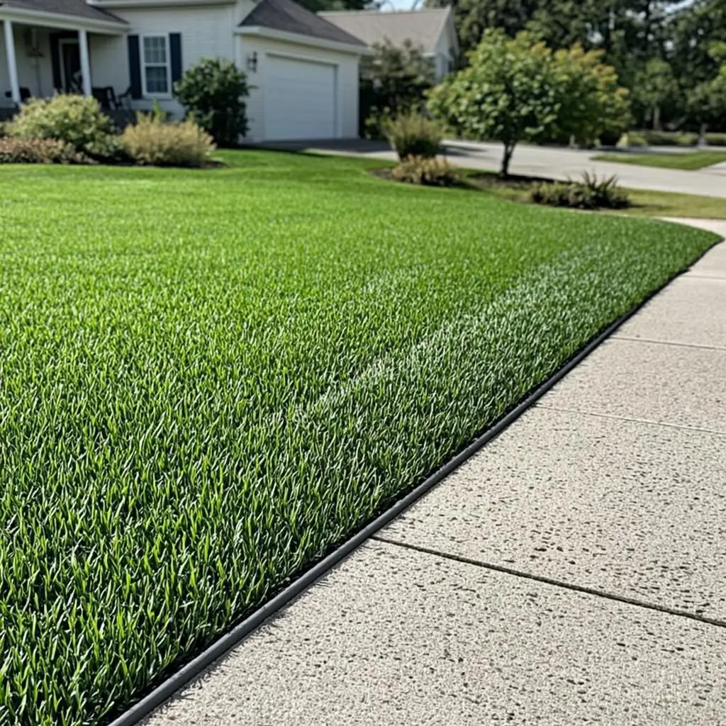 A manicured front yard with crisp grass edging along the sidewalk