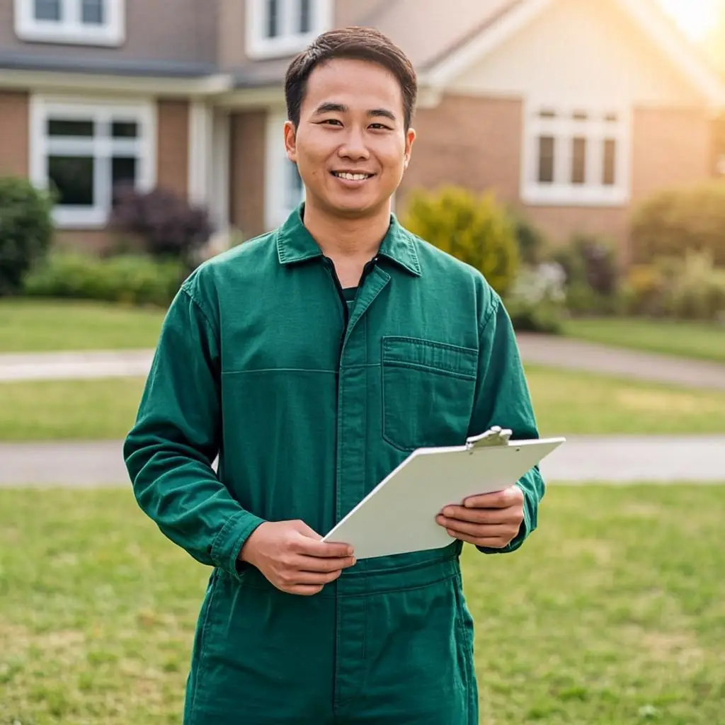 A Green Leaf technician mowing a residential lawn