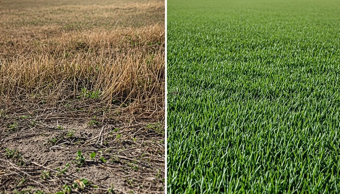 A lawn transformation. Patchy, thin turf on the left, thick and green on the right, six weeks into a Green Leaf care program.