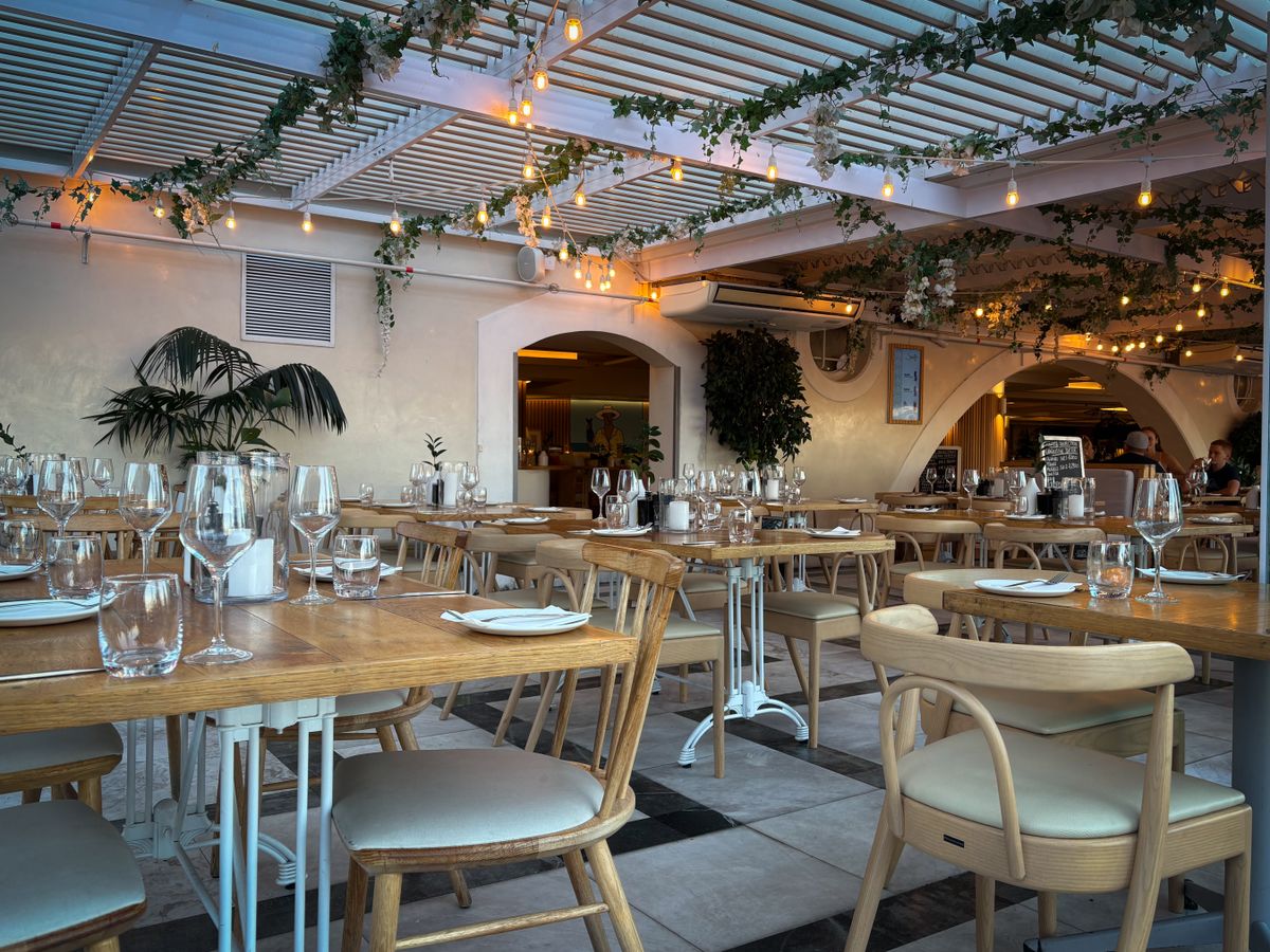 The warm, wood-paneled dining room at Harvest Table