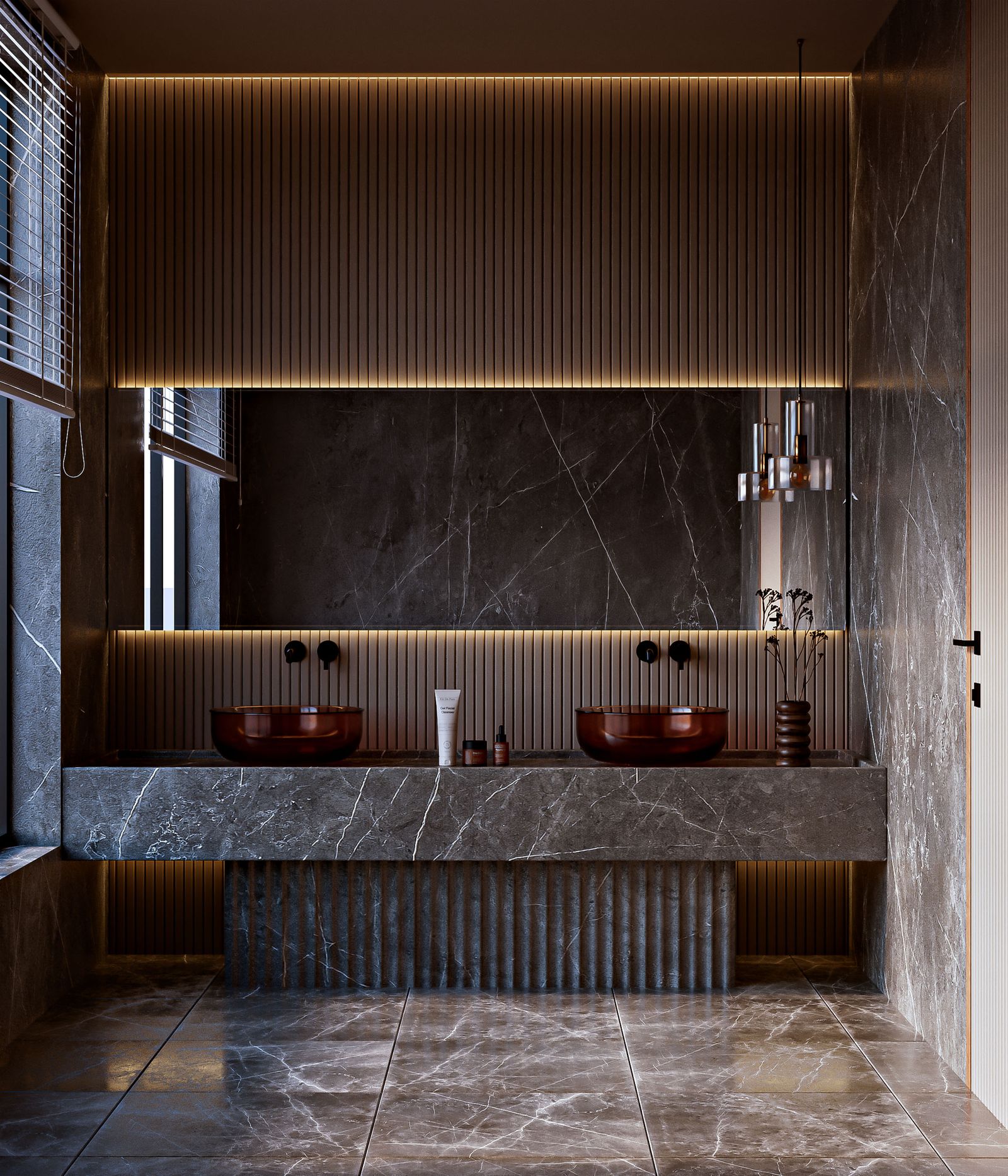 Luxury bathroom with marble surfaces and a dual vanity