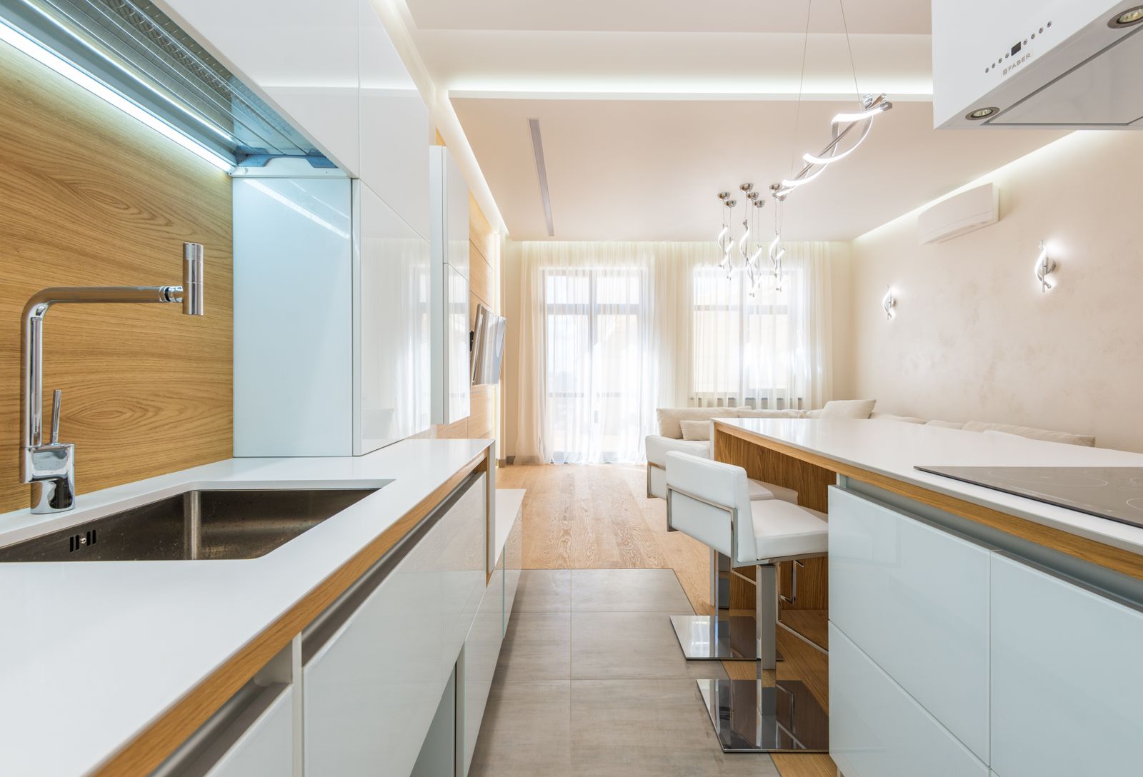 White cabinetry with warm wood details