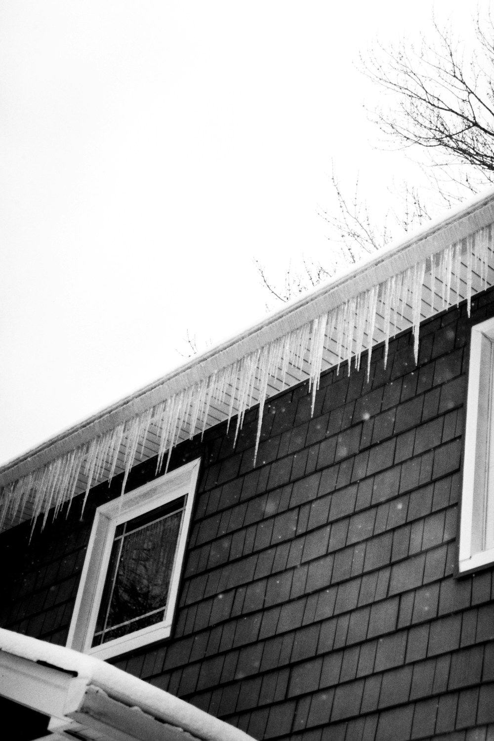 Icicles hanging from the shingled eave of a dark-sided house