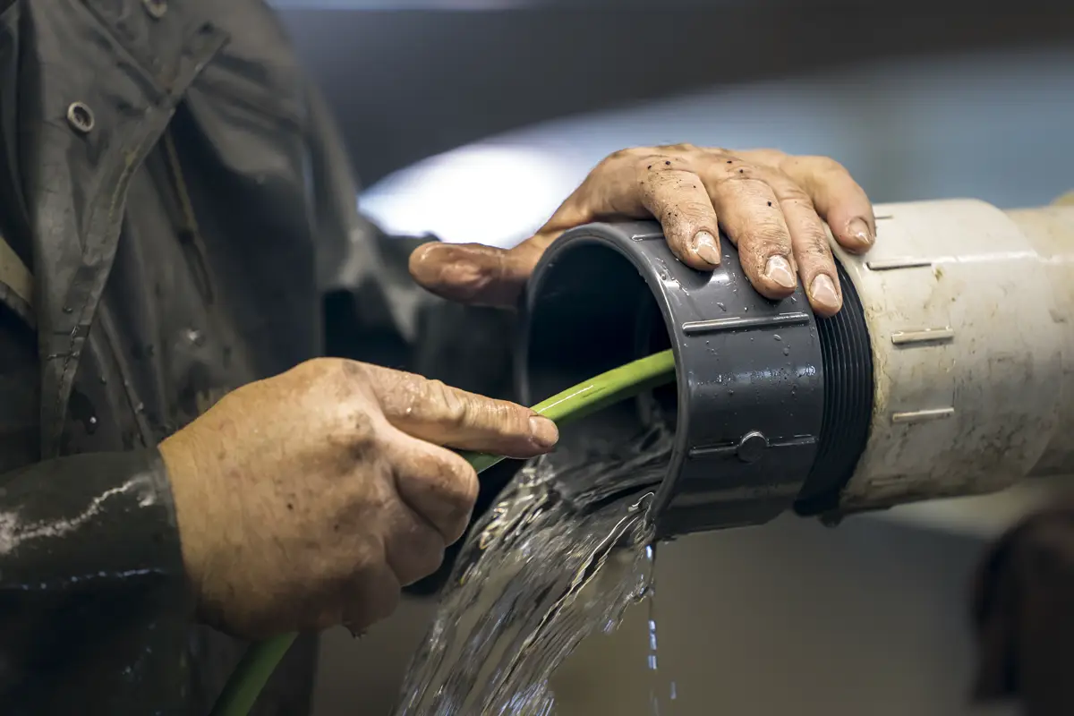 Water pouring out of the open end of a large PVC pipe while a worker holds the fitting